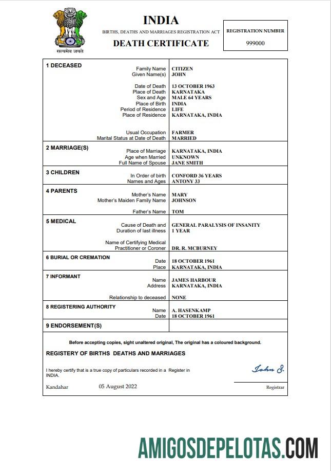 Para baixar modelo de Word e PDF de certidão de óbito da Índia,